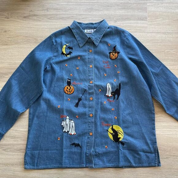 Blair Women's XL Halloween Denim Button Down Shirt Embroidered Retro 90's Granny - Picture 1 of 8